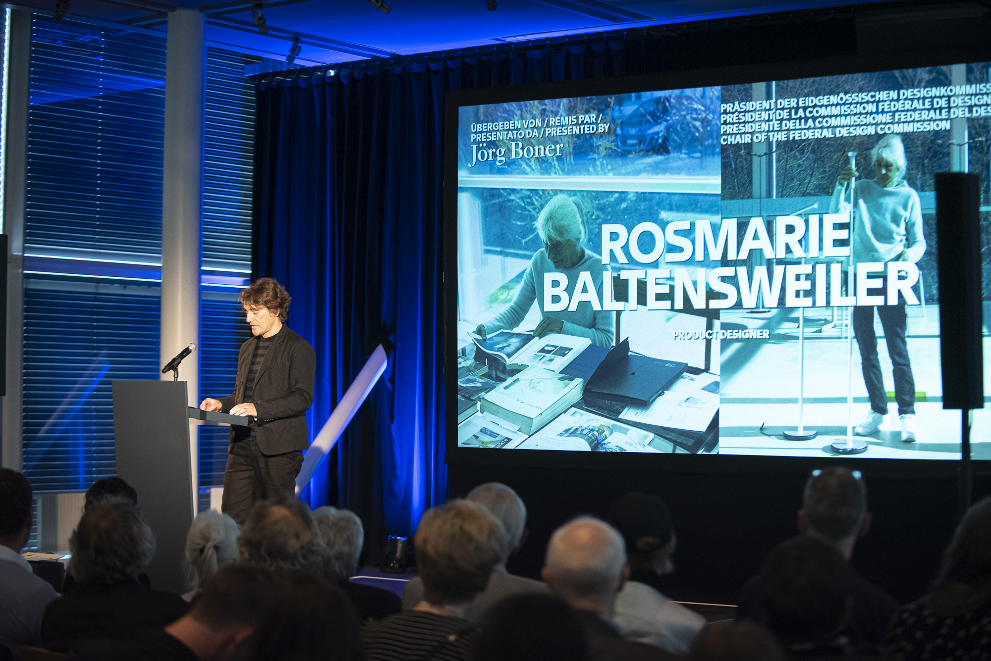 Swiss Design Awards ceremony, Jörg Boner presenting Rosmarie Baltensweiler